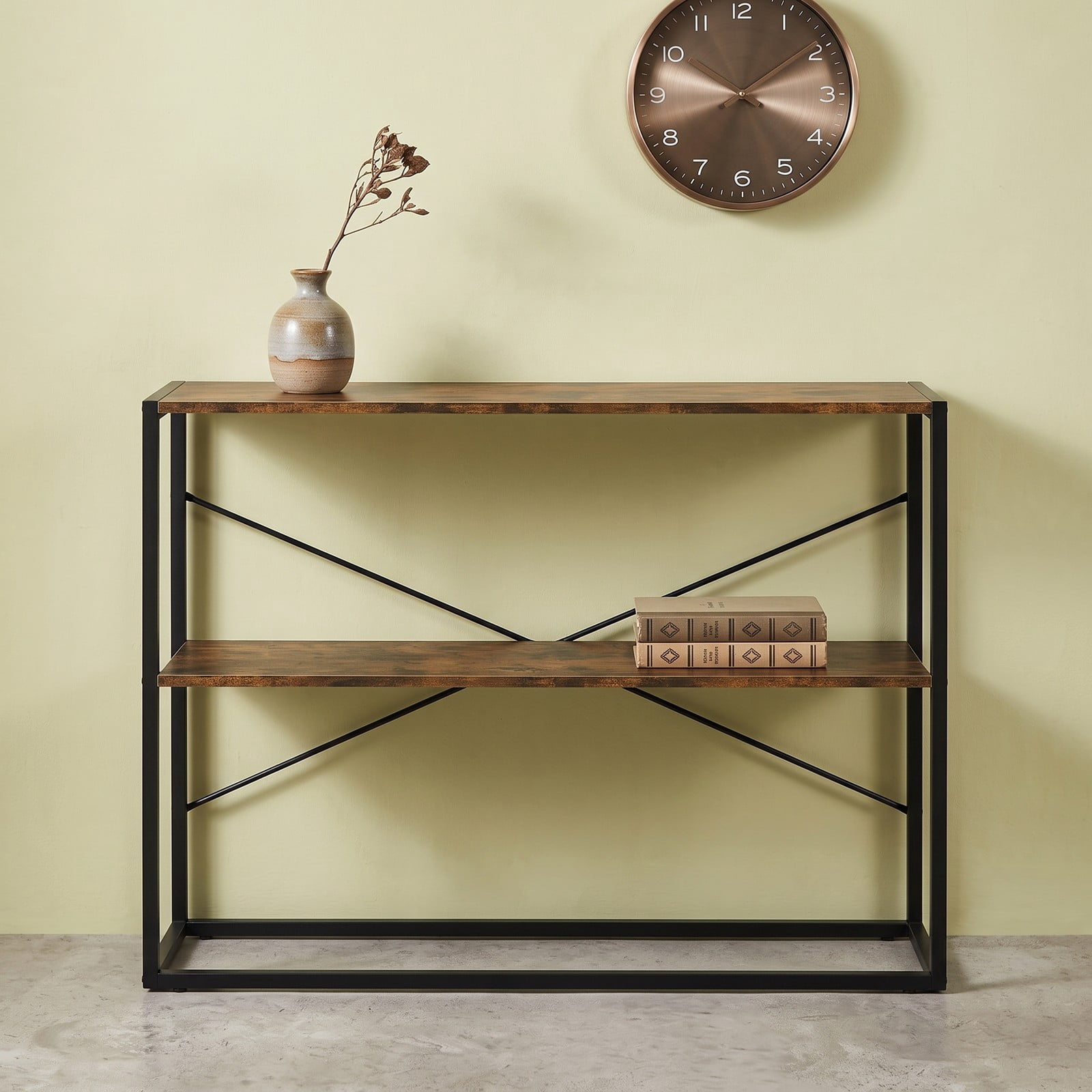 Furnibear 36 Inch Console Table 2-Tier Entryway Table with Wooden Open Shelves and Metal Frame for Hallway, Rustic Brown