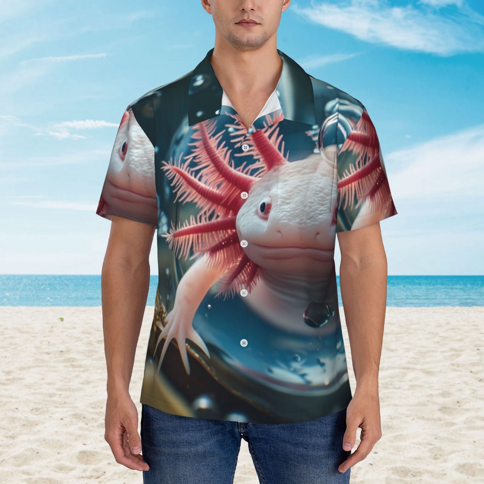 Logiee Bubbles Axolotl Fantasy Print Mens Hawaiian Shirts,Loose-Fit Short Sleeve Button Down Tropical Aloha Beach Shirt,Summer Vacation Wedding Tops,XX-Large