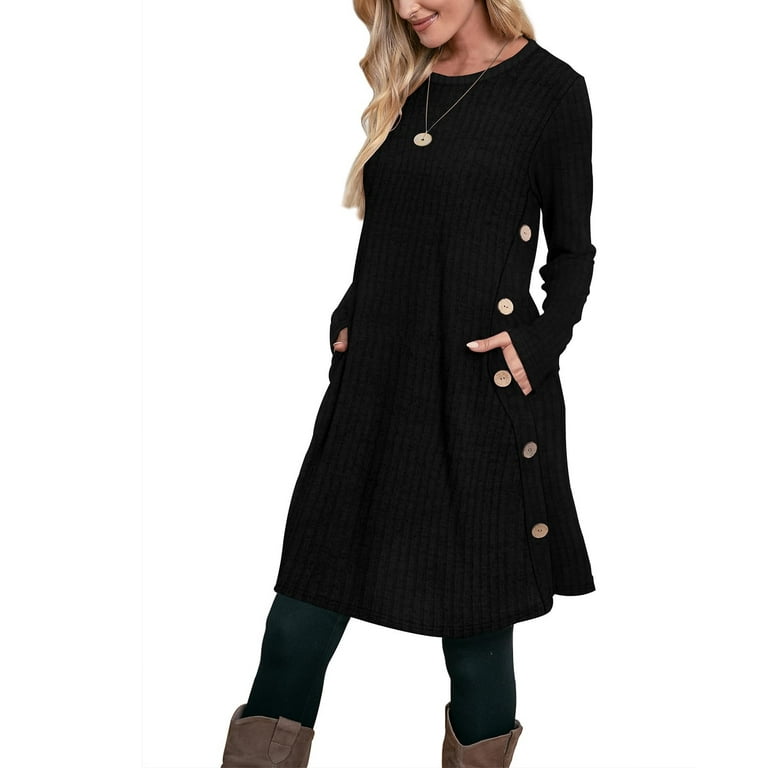ribbed knit swing dress Women Long Sleeve Ribbed Knit Short Dresses Fall Winter V Neck Casual Swing A Line Sweater Dress