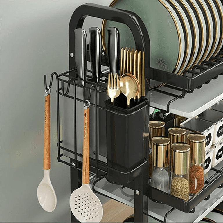 TABABAO Rack di asciugatura per piatti con vassoio gocciolante, Upgrade 3 Tier Pieghevole Dish Drainer in acciaio inox, Piatto Rack per bancone cucina, Pieghevole Dish Rack per lavello da cucina