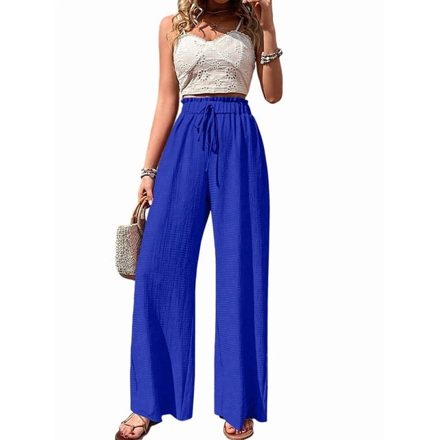 Pantalones de Salón de Pierna para Mujer, Cintura Alta, Ajustables, con Nudo de Lazo, Holgados. Azul XL