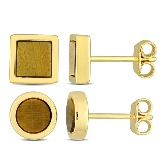 Amour Men's 2-Piece Set 1 5/8ct Tigers Eye Square and Round Stud Earrings in Yellow Silver