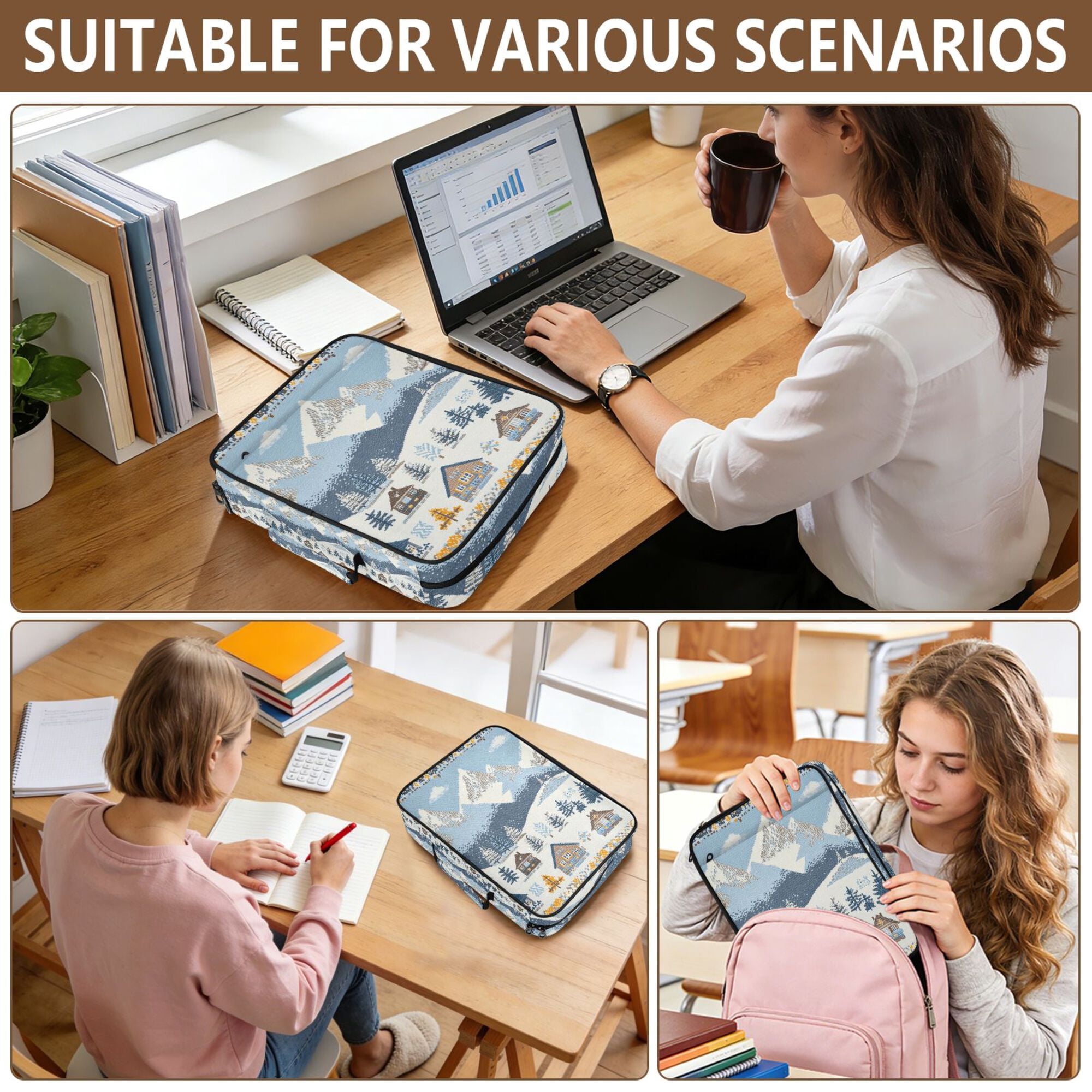 FORMRS Accordion File Folder A4 Size 7-Pocket Expanding Document Organizer Bag with 3 Ring Binder, Winter Village Serenity