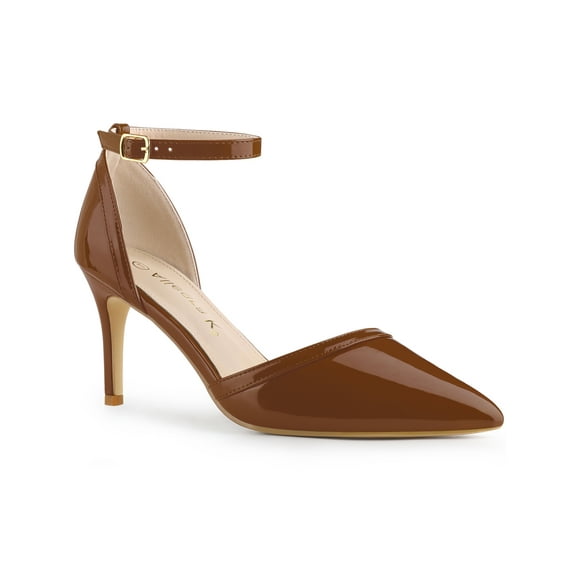 BLISSFUL STEP Women's Pointy Toe Ankle Strap Stiletto Heels Pumps Brown 11