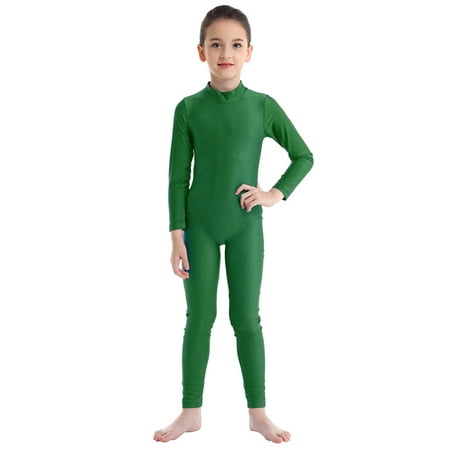 Eandarui Girls Kids Mock Neck Full Length One Piece Unitard Gymnastics Dance Leotard Jumpsuit Green 5XL
