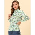 thumbnail image 2 of Camisa de manga larga con cuello simulado Allegra K volantes y botones florales para mujer Verde S, 2 of 5