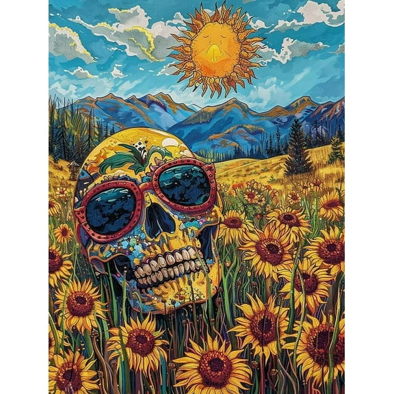 5D DIY Diamond Painting Set "Skull, Sunflower" Round Diamond Art Crafts for Adults, Suitable for Wall Decoration, Bedroom and Home Decoration