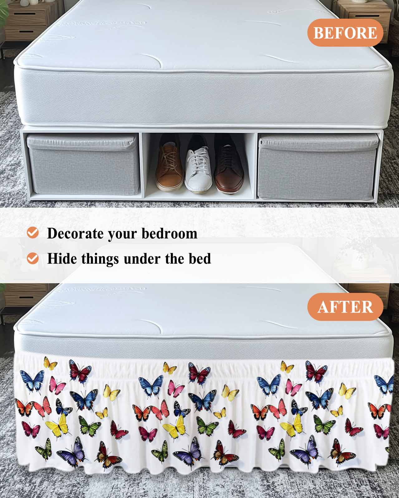 Butterfly Print Wrap Around Bed Skirts for Queen Bed 18" Drop, Bed Skirt with Adjustable Elastic Belt Dust Ruffle Bed Valance for Bedroom Hotel Luxury Modern Colorful Animals Bed Frame Cover