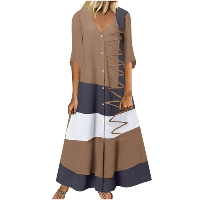 EQWLJWE Robes d'Été pour Femmes 2023 Mode Féminine Décontractée Manches Courtes Col en V Bouton Imprimé Maxi Robe Longue Ample