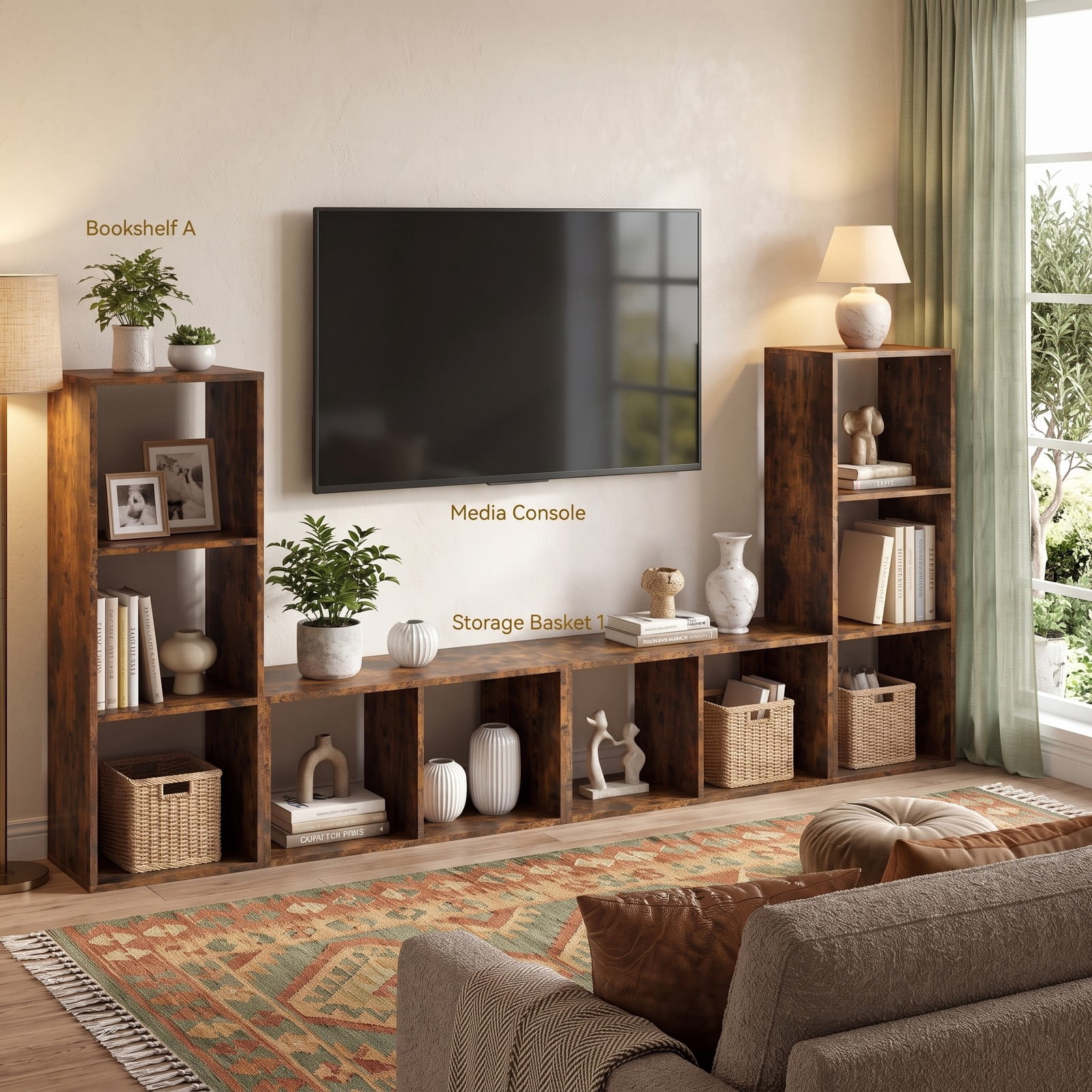 Furnibear 3 Cube Bookshelf with Back Guardrail, Engineered Wood Cube Storage Organizer Bookcase Display Shelf for Living Room Bedroom Home Office with, Brown