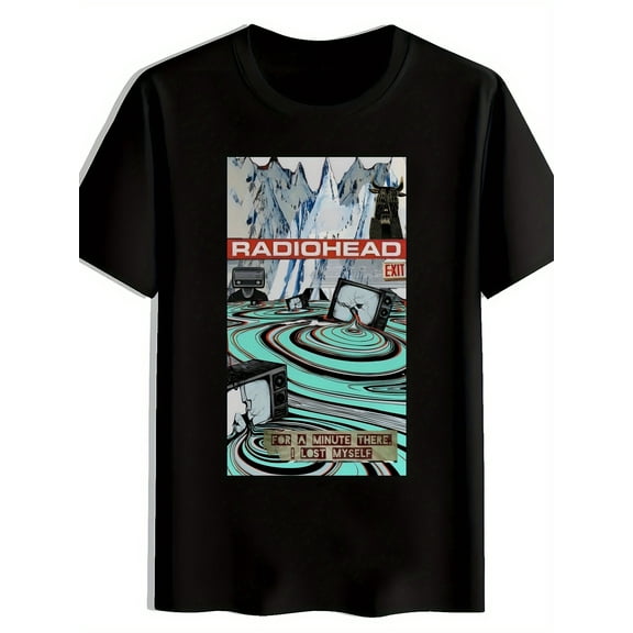 T-Shirt - Vintage Radio & Mountain Design, Short Sleeve Crew Neck, Casual Summer Tee for Men, Black with Colorful Print, Summer Casual Wear | Radiohead Themed Shirt | Graphic Print Te