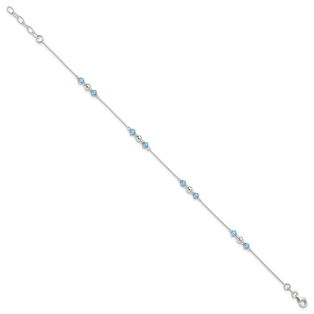 Sterling Silver Polished CZ and Bead 10in Plus 1in ext. Anklet