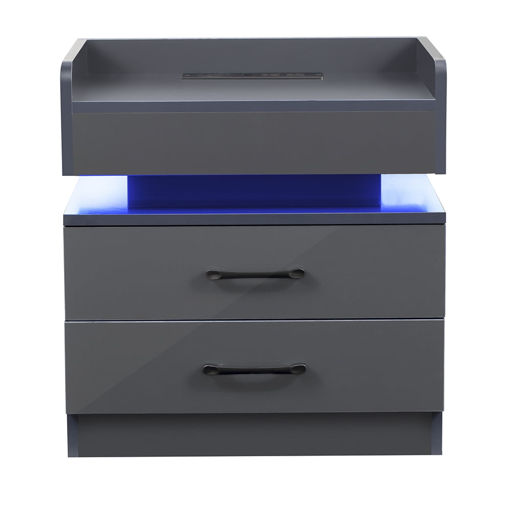 Kadyn LED Nightstand, Bedside Table with 2 Drawers and USB Charging Ports, Night Table with Wireless Charging and Remote Control LED Light, Gray
