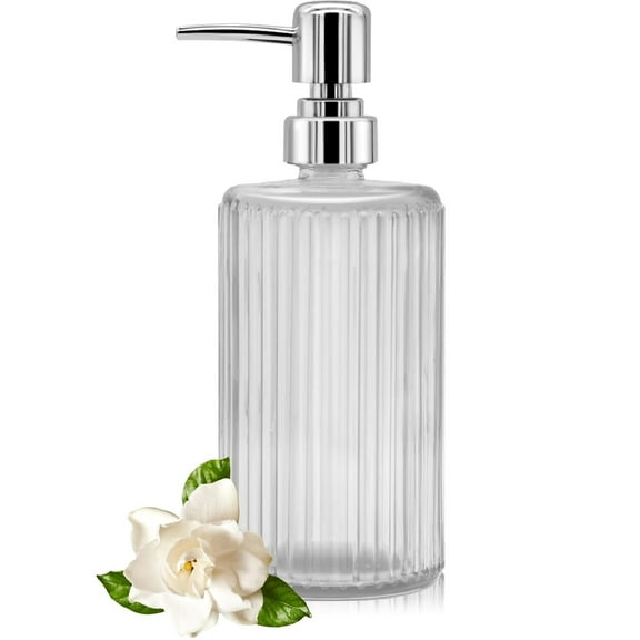 Yhmxh Glass Soap Dispenser, 15oz Ribbed Clear Glass Bottle with 304 Stainless Steel Pump, Refillable Soap Dispenser for Hand Dish Lotion Shampoo Conditioner for Kitchen Bathroom Countertop