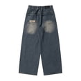 thumbnail image 4 of WTOBBY Women's Retro Ripped Loose Straight Wide Leg Denim Pants, Floor-Length Jeans for a Trendy and Relaxed Look, Comfortable Fit with Distressed Details,Blue S, 4 of 6