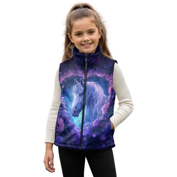 chaqlin Girls Horse Zipper Vest Size 1-2 Kids Sleeveless Stand Collar Jacket Flower Soft Warm Fluffy Outerwear with Pockets