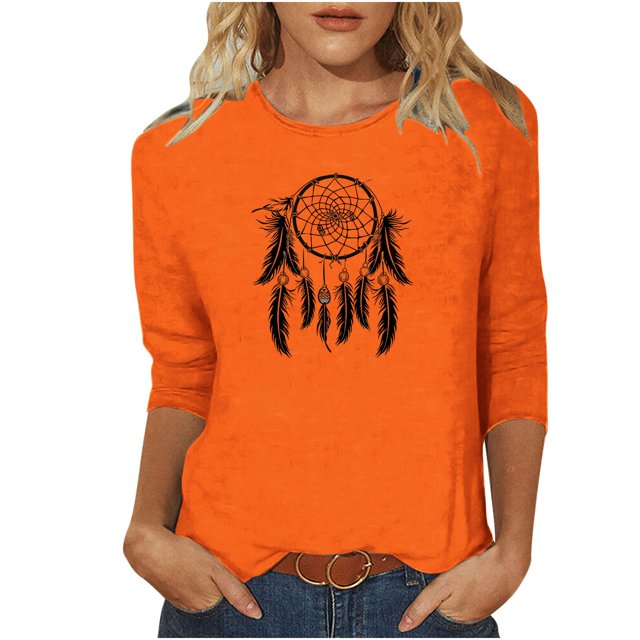 Dadaria Hauts pour Femmes Chemise Orange Manches 3/4 T-Shirt Col Rond Grande Taille Tee Attrape-Rêves d'Été Blouses 3TG