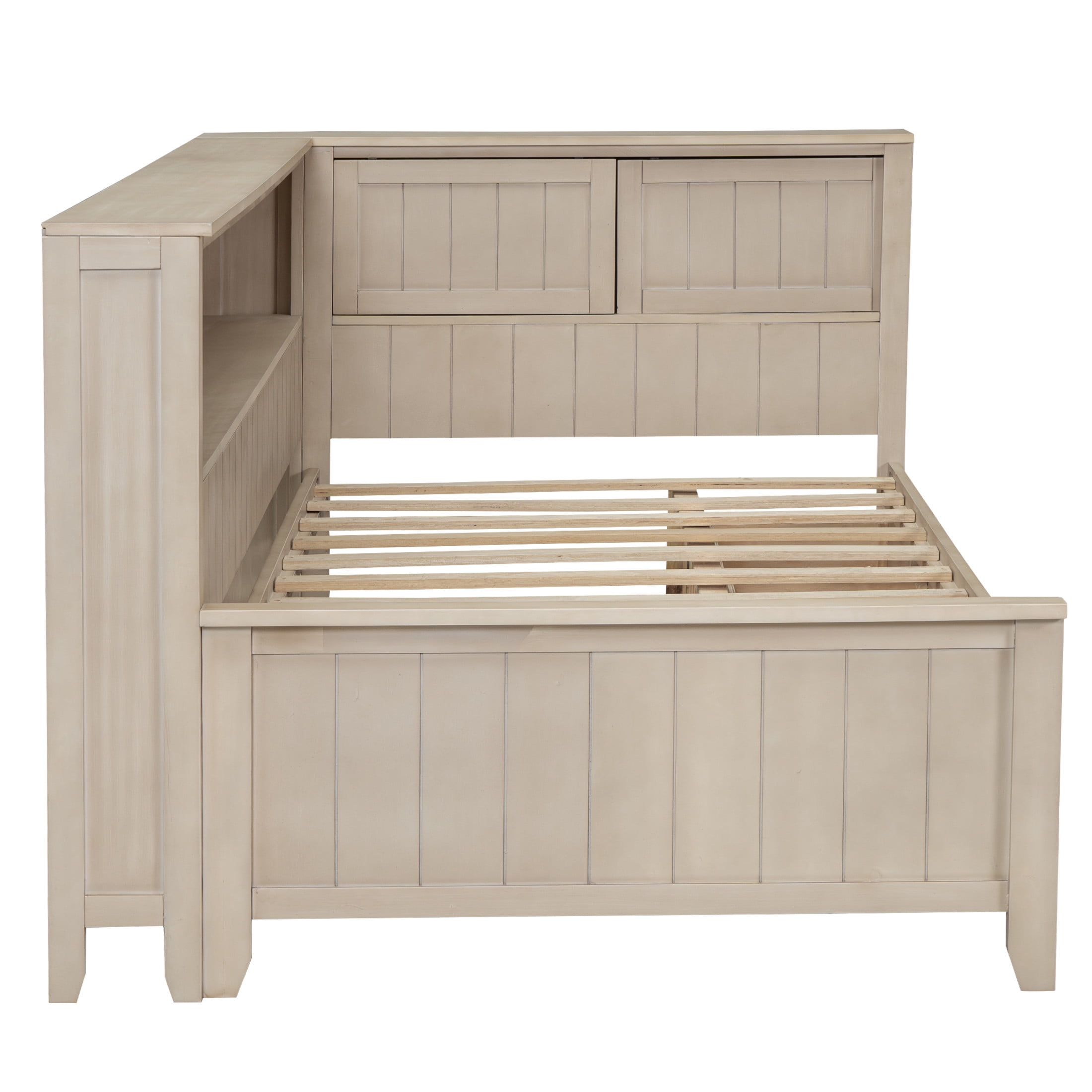 Noble House Twin Daybed with Storage Drawers and Shelves, Wood Guest Bed Frame with Sliding Doors, Antique White