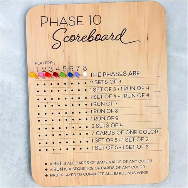 LEEYNEER Tableau de Pointage Phase 10 Jeu de Cartes Phase 10 en Bois Fabriqué 2025 Tableau de Pointage Phase 10 en Bois et Traqueur Rond Bois Tableau de Pointage Phase 10 Feuilles de Pointage Phase 10 Jeu de Cartes Classique /