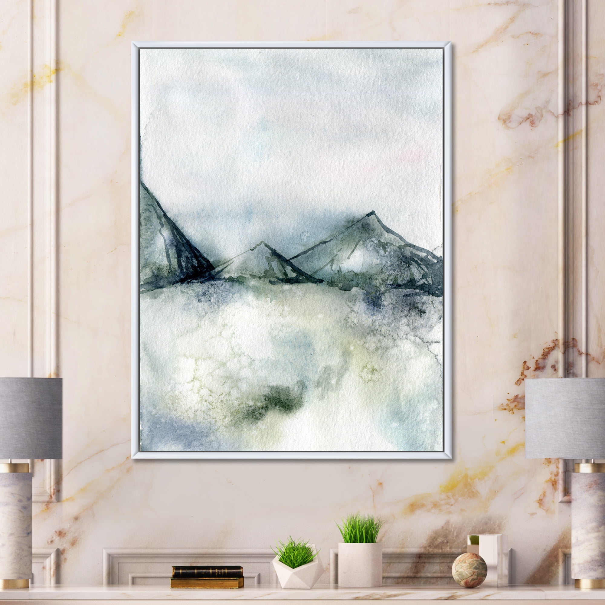 Designart 'Dark Blue Mountain Landscape Winter Minimalistic' Modern Framed Canvas Wall Art Print