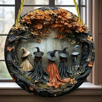 7.8 inch Acrylic Witch Window Decoration, Round Hanging Ornament for Door, Outdoor and Yard Decor, Mystical Moonlit Witch Decorative Hanging Ornament, Gothic Halloween Decor(Orange-Witch)