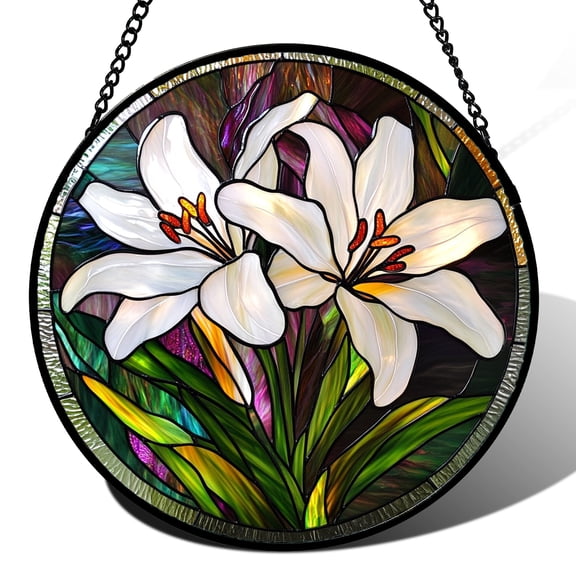 Stained Glass Window Hanging - White Lily Birth Flower Suncatcher for Door Garden Home Sun Catchers Decoration Christmas Mother's Day Birthday Gifts for Women Men Mom Nana Friend