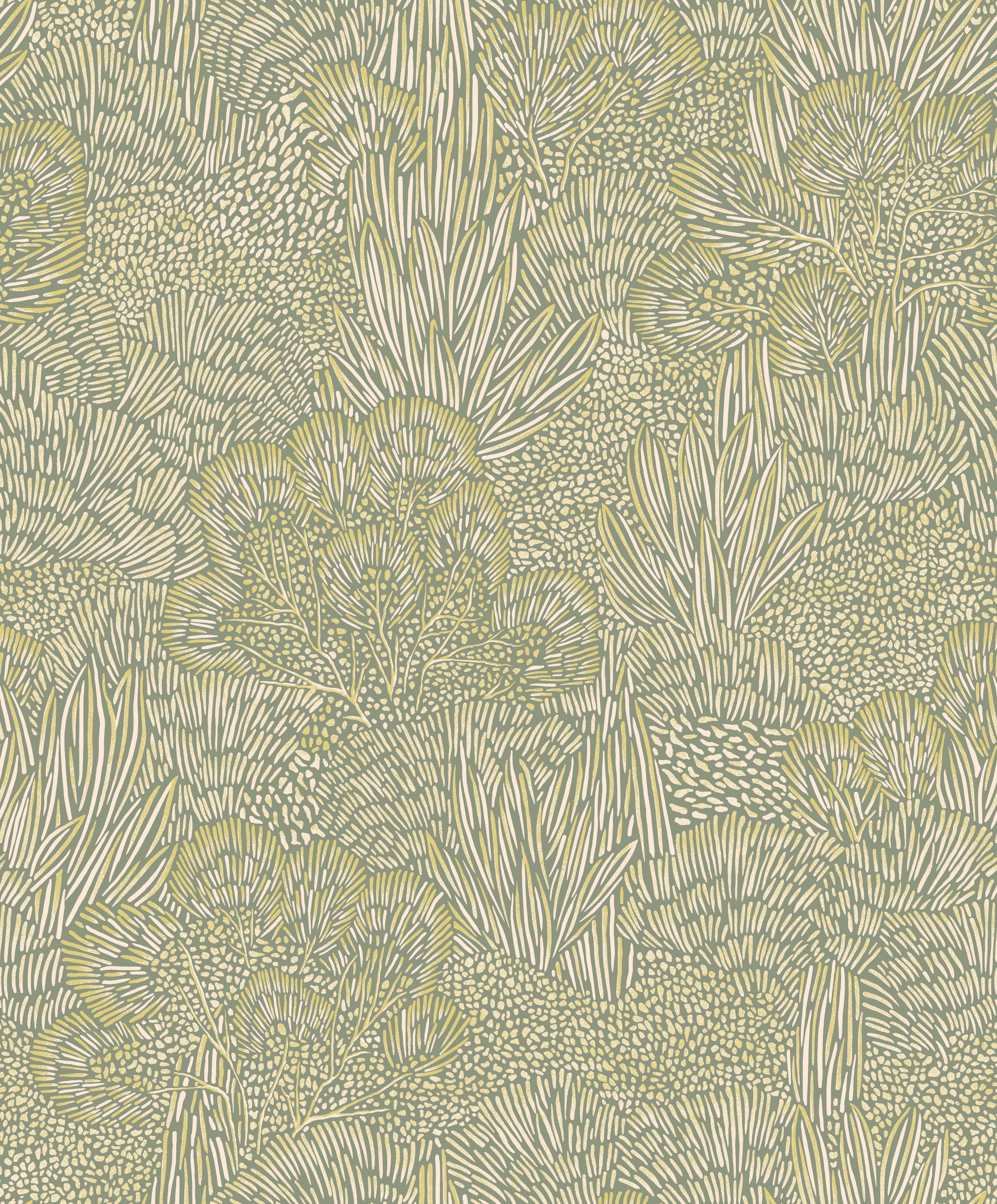 Green & Gold Embossed Leaves & Trees Tropical Wallpaper, Double Roll, 57 sqft