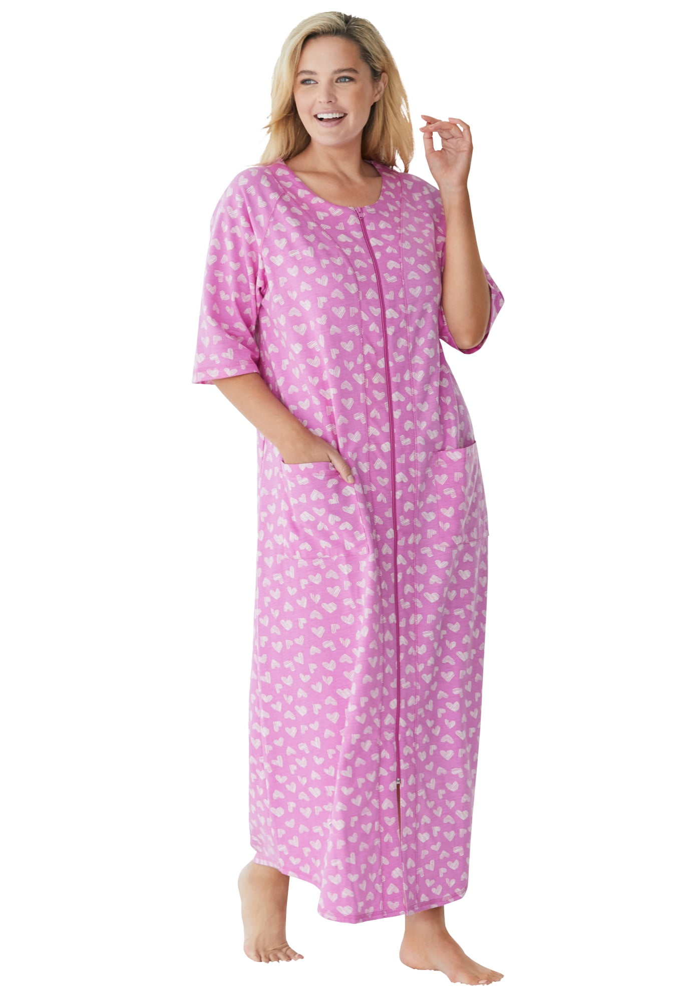 Dreams & Co. Women's Plus Size Petite Long French Terry Zip-Front Robe