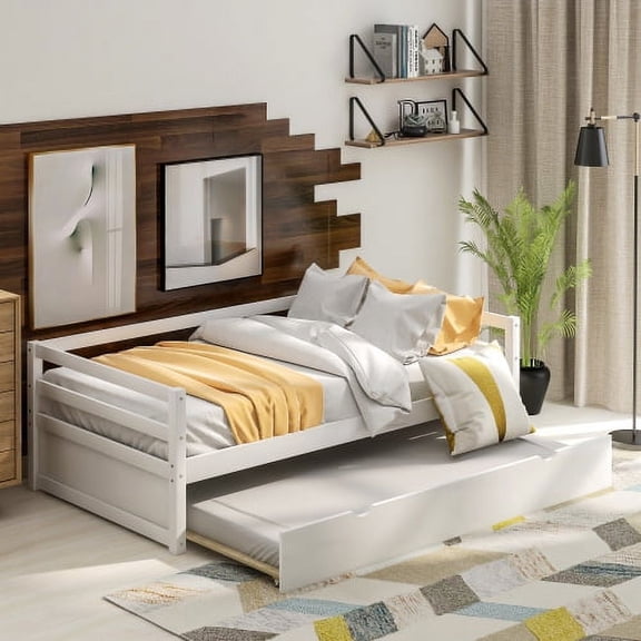 Twin Daybed with Trundle Frame Set, Modern Space Saving Trundle Bed for Guest Room or Small Bedroom, No Box Spring Needed, Solid Pine Wood, White