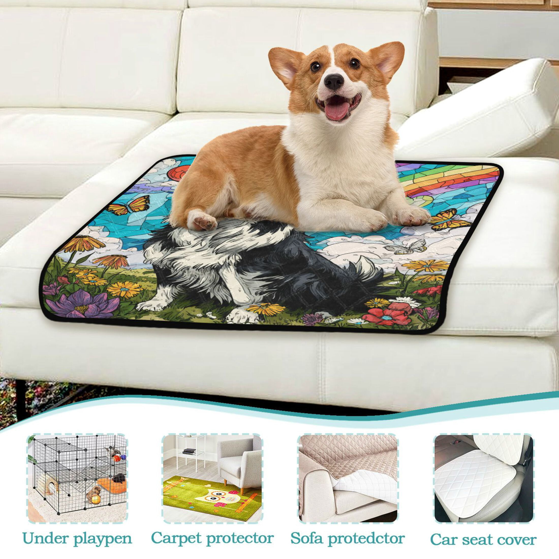 Qxltty Smiling Border Collie Cat litter Pads Pet Set of 2 Diaper Mats Center Anti-leakage Layer Absorbent Soft and Comfortable