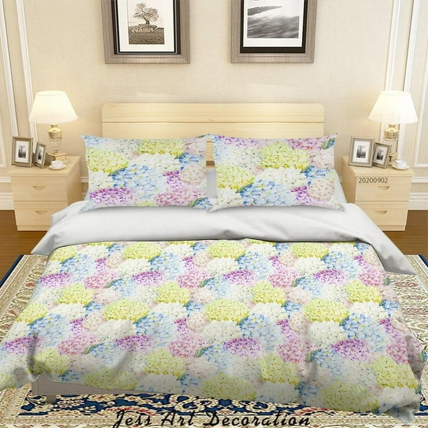 3D Azul Púrpura Amarillo Flores Patrón Funda nórdica Set Ropa de Cama Set Funda Nórdica