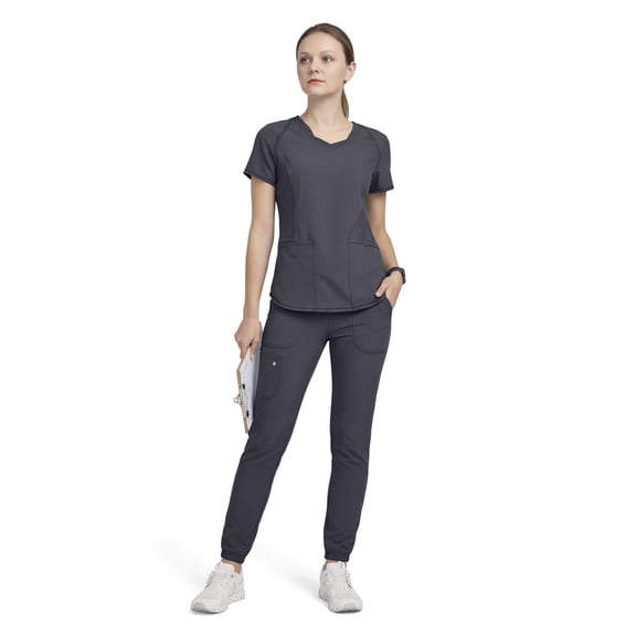 allheart Scrubs For Women Set Layered V-Neck Top & Mid Rise Pull-On Jogger Scrub Pant, 6 Pockets Medical Uniform, M, Pewter