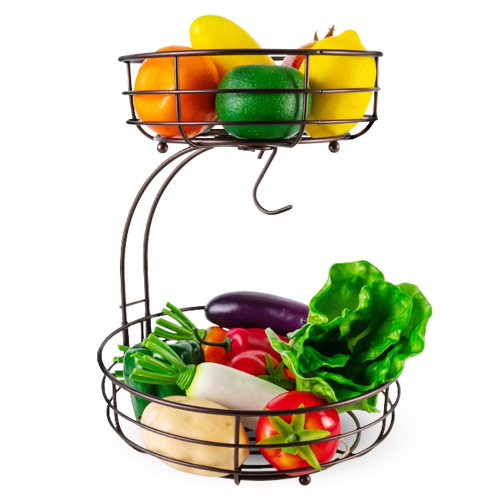 2 Tier Metal Fruit Basket Holder with Banana Hanger, Detachable Holder