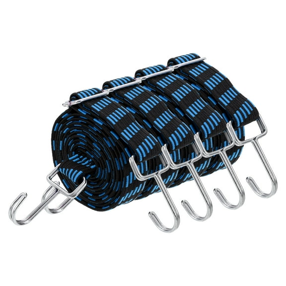 Uxcell 4 Pack Adjustable Bungee Cords with Hooks, 79 Inch Flat Heavy Duty Elasticity Straps Rubber Bungee Cords with Buckle for Outdoor, Camping, Tarp, Bike Rack, Luggage, Black Blue