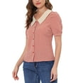 thumbnail image 4 of INSPIRE CHIC Women's Plaid Contrast Collar Puff Sleeve Button Down Shirt Tops XS Red, 4 of 5