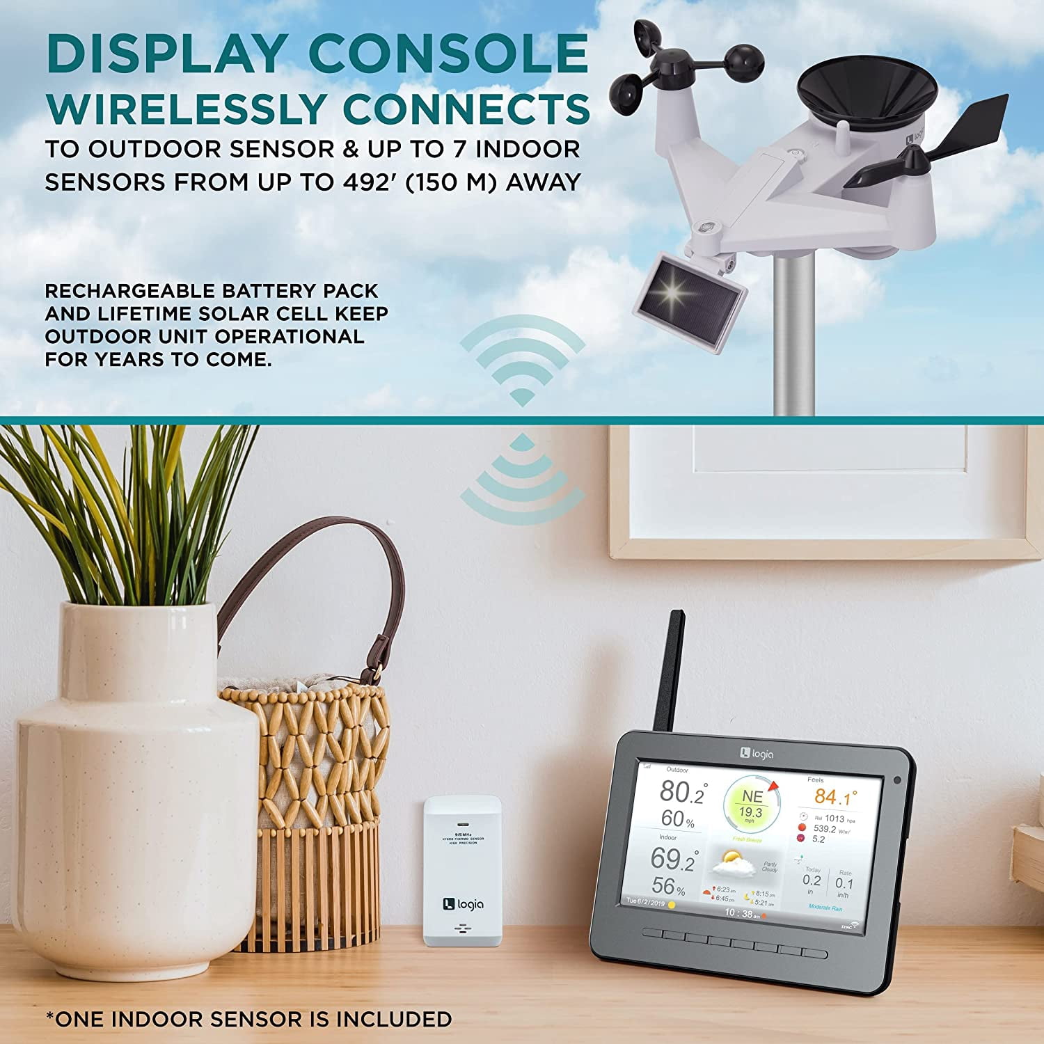 Logia 7-in-1 Wireless Self-Charging Weather Station with Wi-Fi, Solar Cell & 7” LCD HD Display