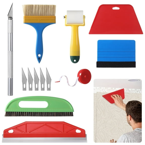 13 Pcs Wallpaper Smoothing Tool Kit, Smoother Tools with Squeegee, Wallpaper Brush, Seam Roller, Measure Tape, Vinyl Cutter, Craft Cutter with 5 Replacement Blades for Contact Paper, Glass Film