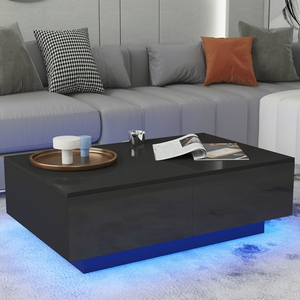 Hommpa High Gloss Black Coffee Table With 4 Drawers Led Sofa Side End