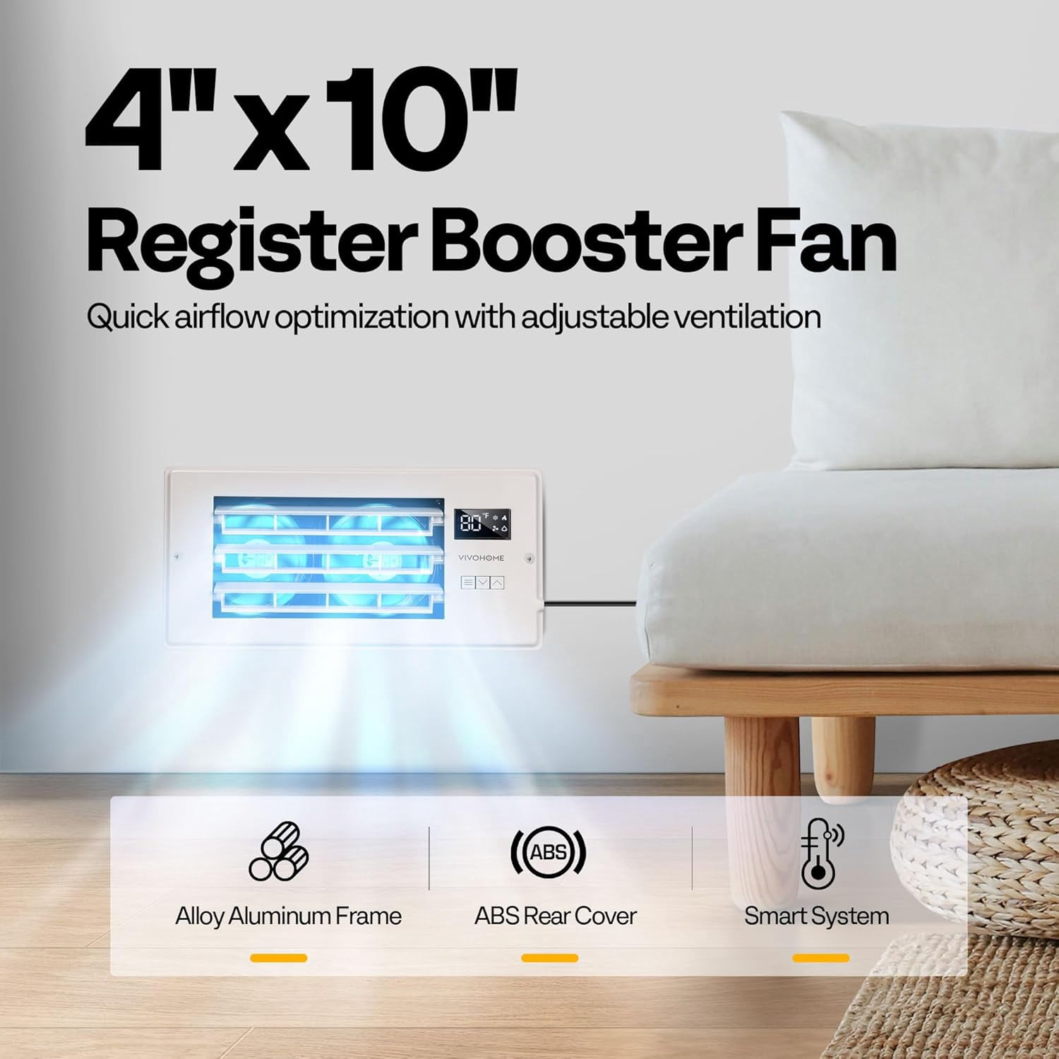 SPECSTAR 4'' x 10'' Opening Register Booster Fan with Adjustable Wind Direction Louver, Smart Intelligent Thermostat & 10-Speed Remote Control - 11.4" x 5.5" Vent Cover for Room, Floor, Wall - White