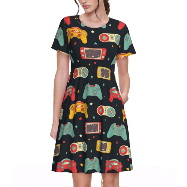 Disketp Retro Video Game para Vestido de Manga Corta para Mujeres, Vestidos de Verano para Mujeres, Casual y Holgado para la Playa