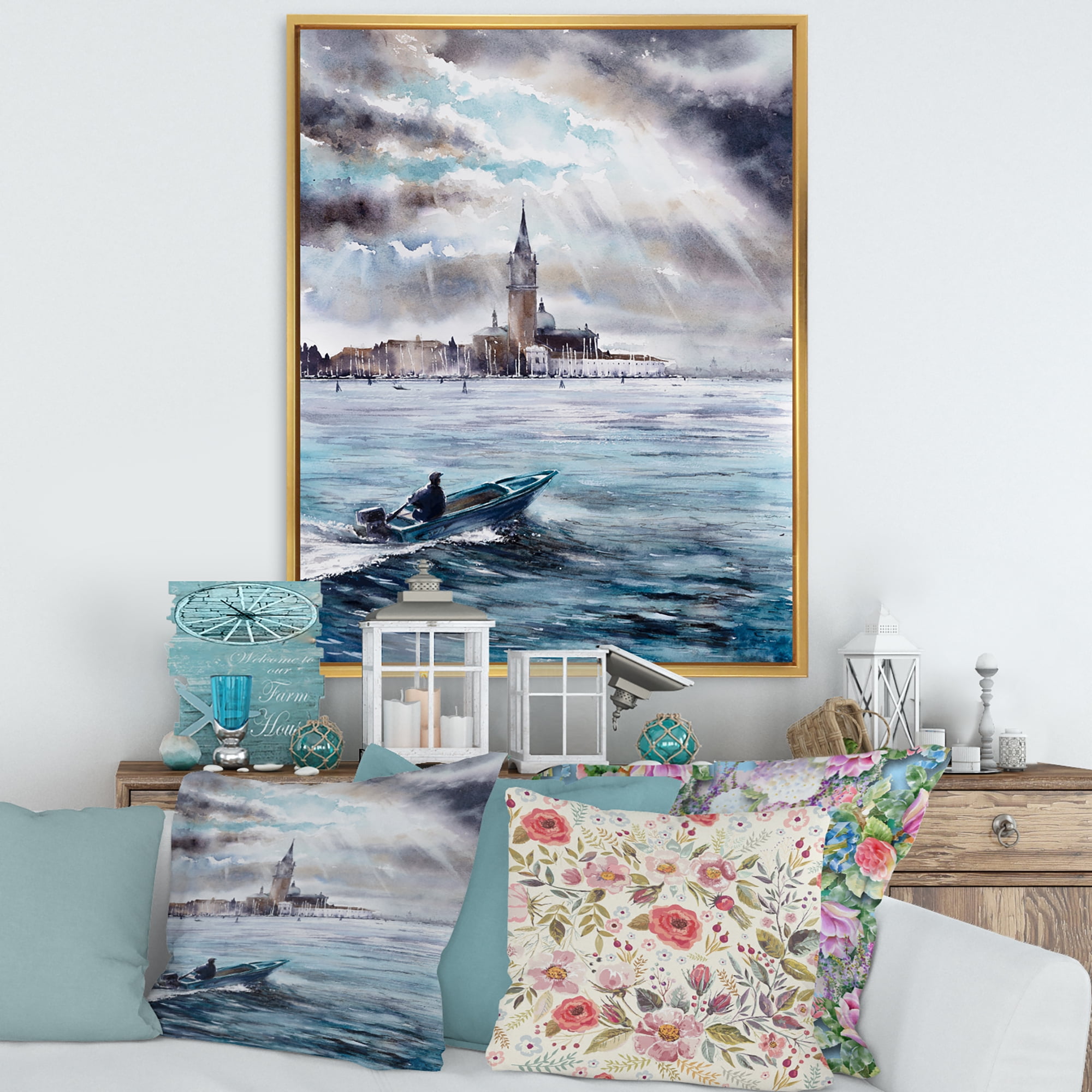 Designart 'Boat Returning In Storm Over Venice In Italy' Nautical & Coastal Framed Canvas Wall Art Print