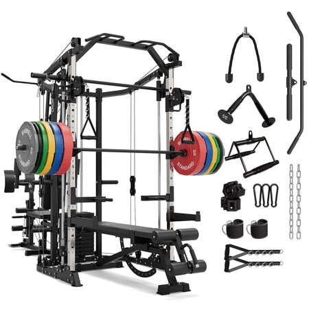 Mikolo Multi-Function Smith Machine Power Cage Home Gym with Cable Crossover System and 121LB Weight Stack