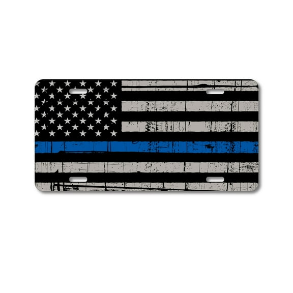 DistinctInk Custom Aluminum Vanity License Plate for Front of Car - Thin Blue Line US Flag Law Enforcement Old
