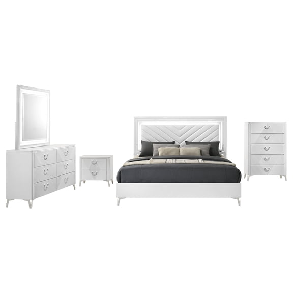 Cassia 5-piece Eastern King LED Bedroom Set White High Gloss