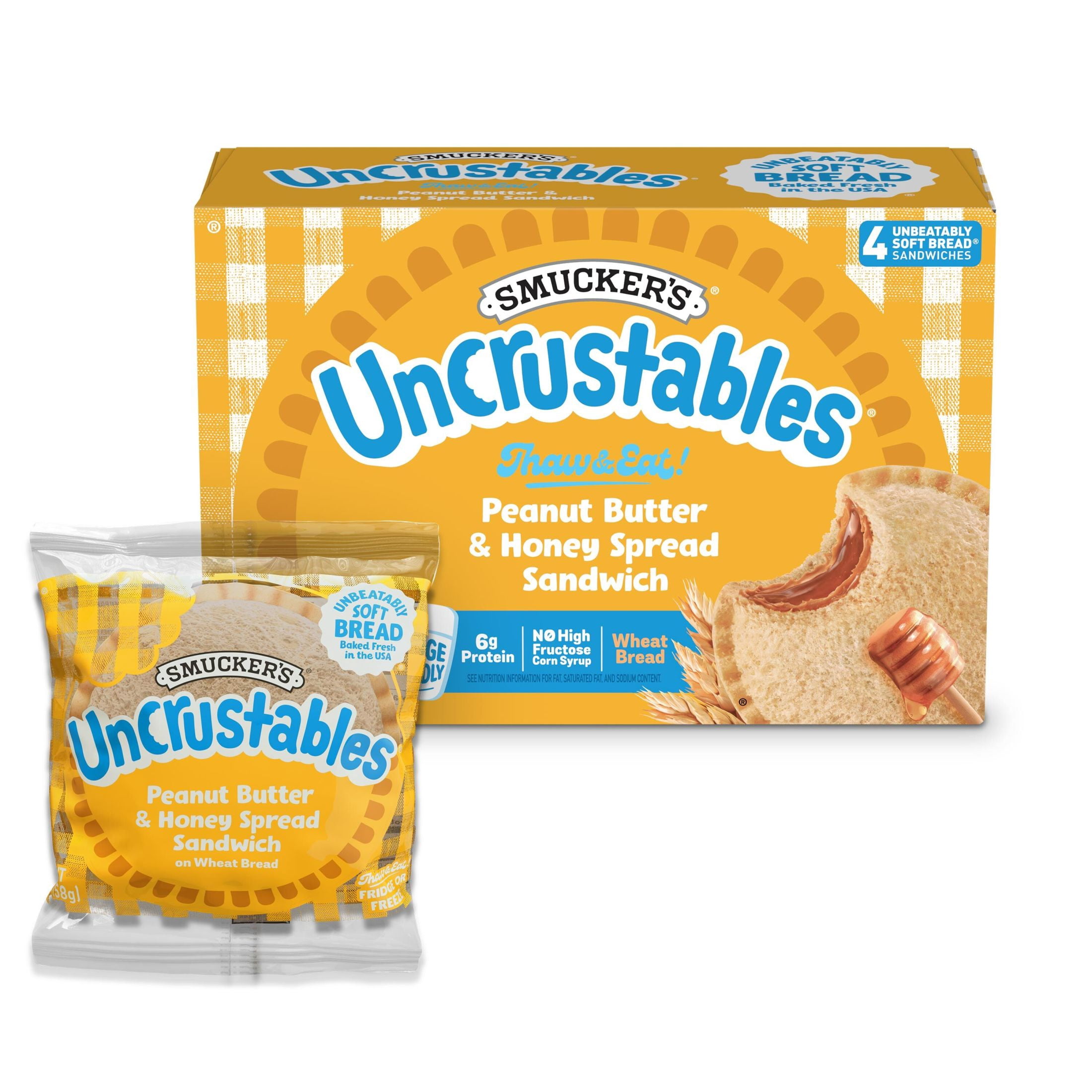Smucker’s Uncrustables Peanut Butter & Honey Spread Sandwiches, 4 Count, 2 oz Each, Frozen