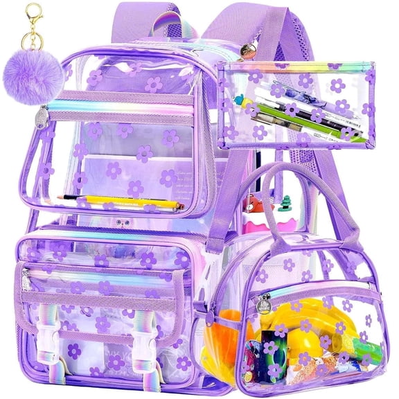 See Through Backpack Heavy Duty, 3PCS Girls Clear School Bag Set, Cute Transparent Bookbag for Women - Plum Blossom Purple