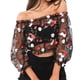 thumbnail image 3 of Blusa elástica con hombros descubiertos y estampado floral de malla con top corto bordado para mujer, L tholdsy AP000886-03, 3 of 7