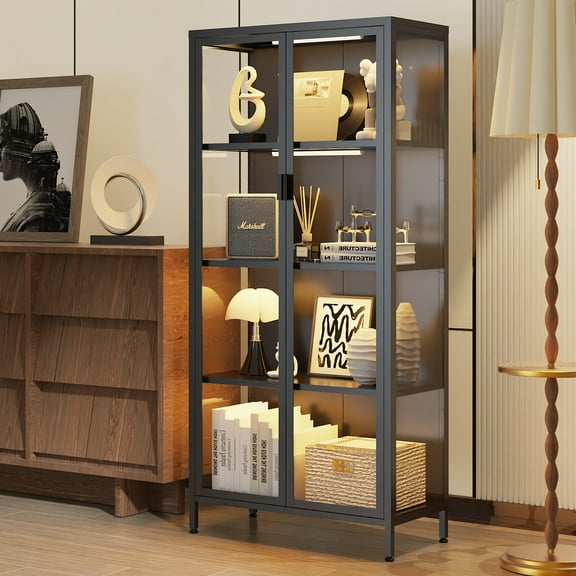 Eltean 63"H Glass Display Cabinet, 4 Tiers Curio Display Cabinet with 3 Colors LED Sensor Light,Display Cabinet for Collectible with 3 Adjustable Shelves for Living Room, Bedroom, Office