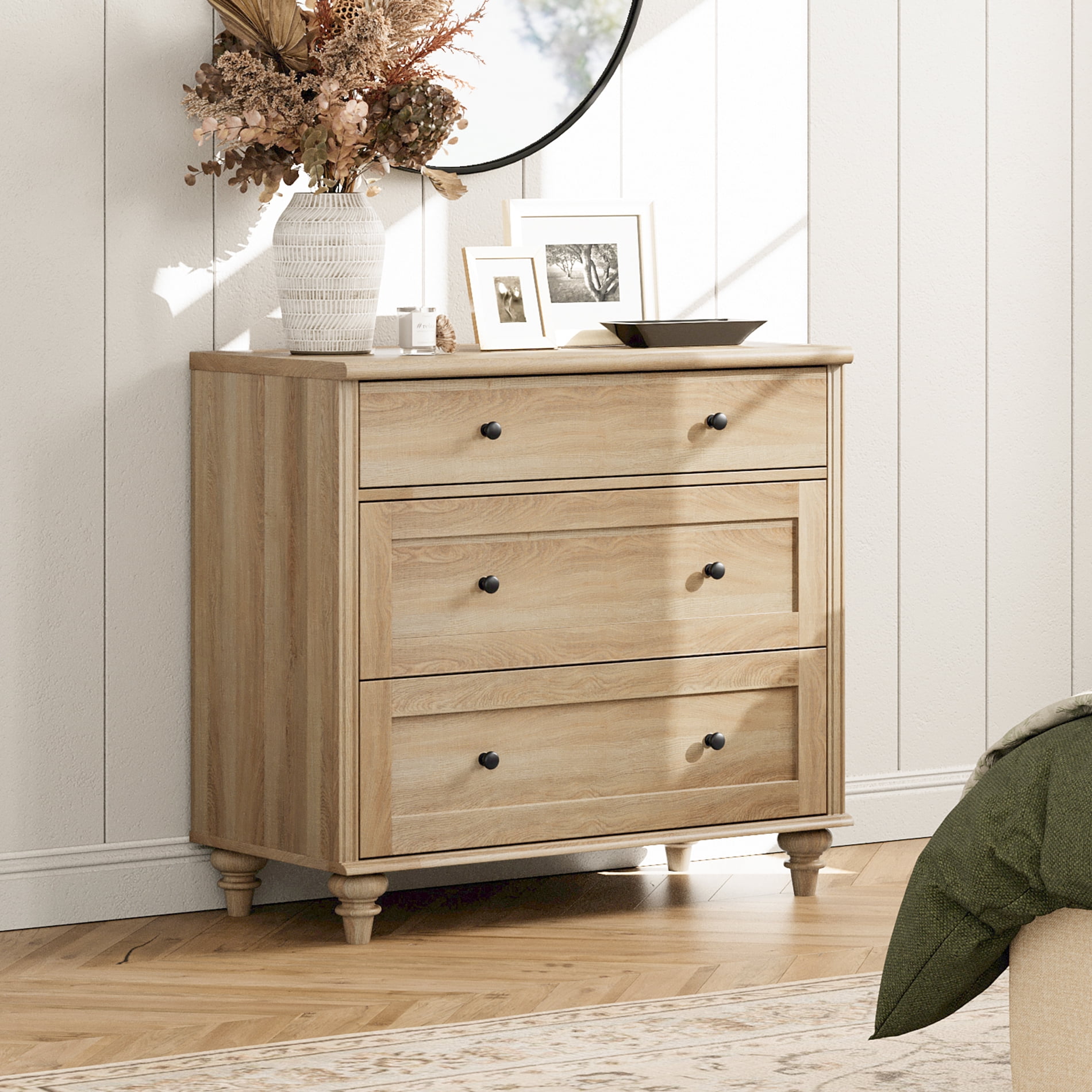 Farmhouse Dresser for Bedroom with 3 Drawers, Mid Century Modern Kids Dressers with Wood Closet Storage Organizer, Small Dressers for Nursery, Hallway, Living Room, Beige