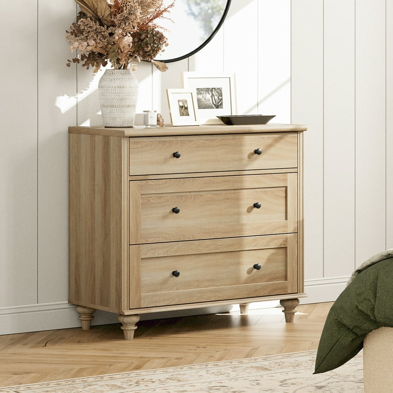Oak Bedroom Dresser with 3 Drawers, Mid Century Modern Wooden Closet Storage Organizer, Small Dressers Suitable for Living Room, Nursery, and Hallway